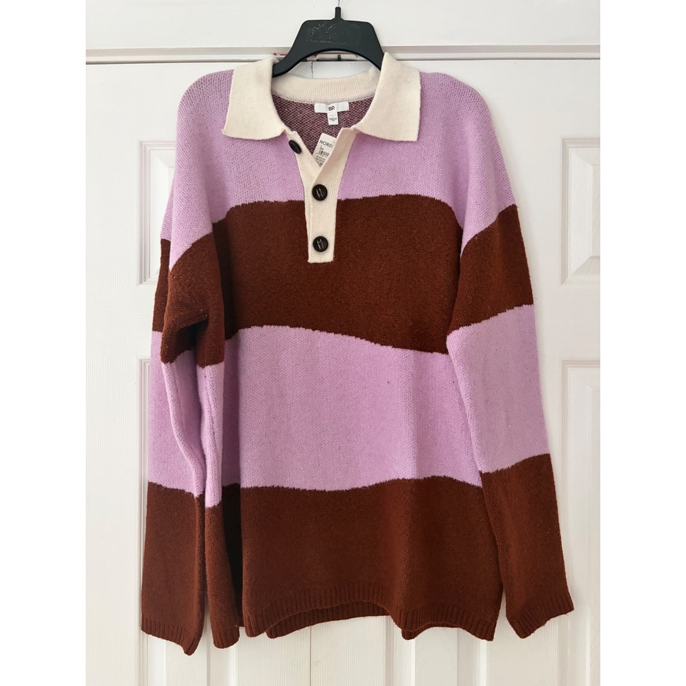BP Nordstrom Be Proud Pink Distorted Rugby Stripe Sweater Brown Polo Large NEW